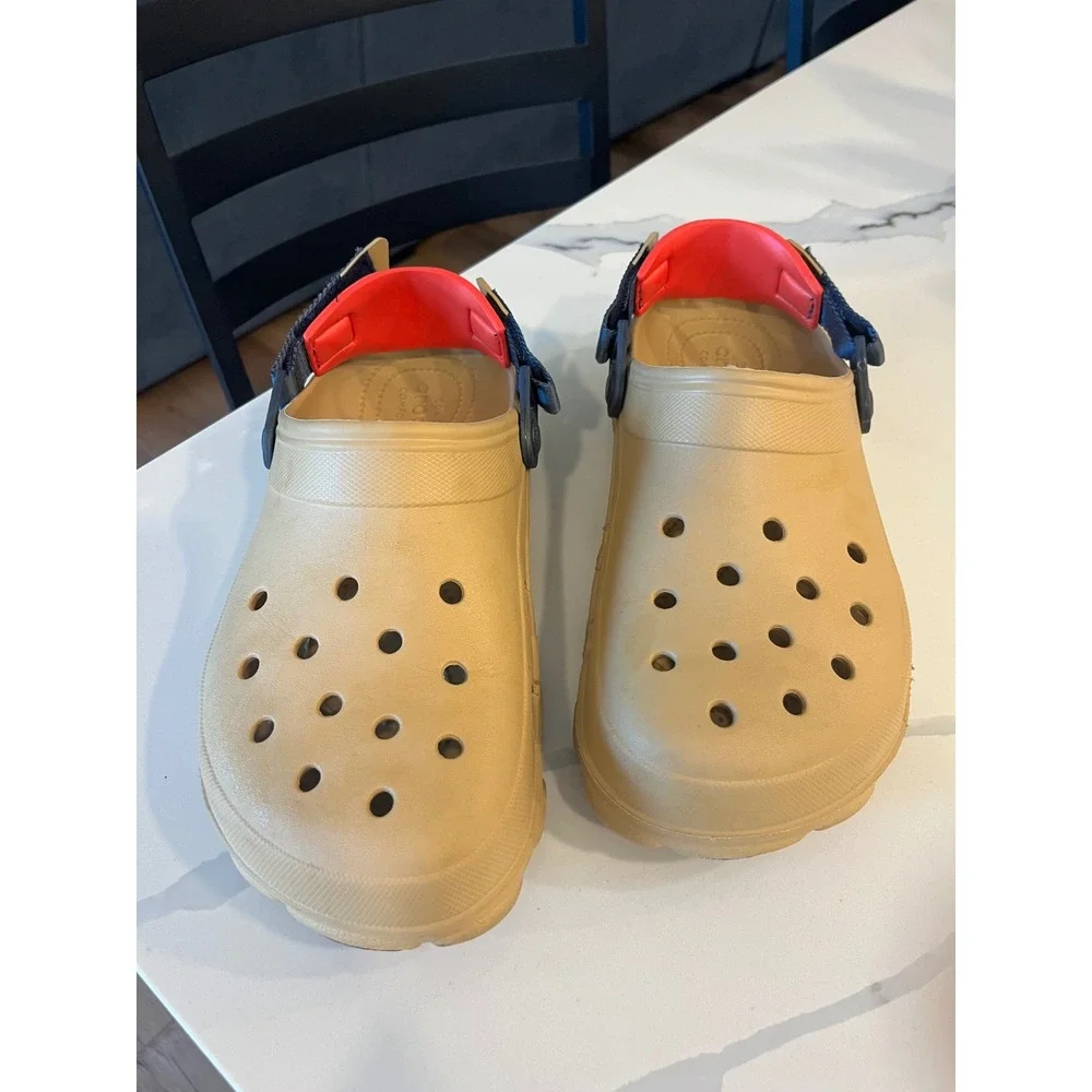 Crocs Classic Tan Clogs Red Blue Strap Comfort Slip On Shoes Men Women Size 9 11